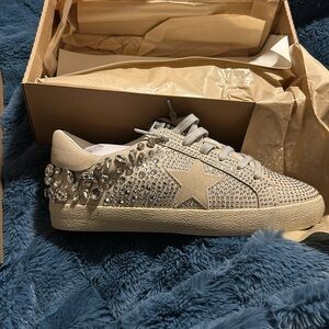 Beige and silver jeweled sneakers